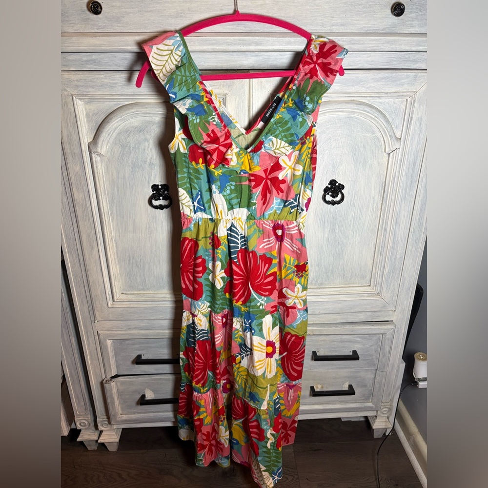 Boutique Floral Printed Ruffle Tiered Walk In The Garden Midi Dress Fun Party - Picture 2 of 7
